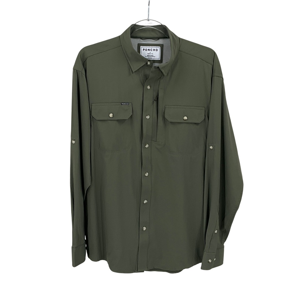 Poncho Shirt Mens M Olive Green Magnetic Pockets Vented Hiking Fishing Outdoor